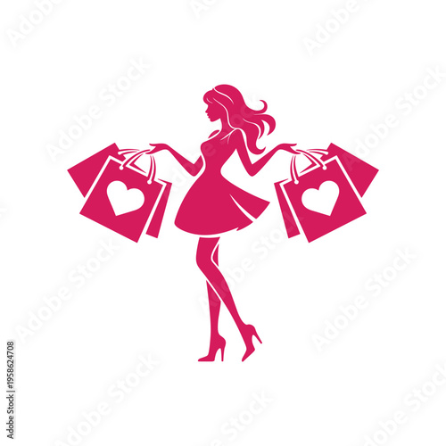 Pink silhouette of woman with shopping bags