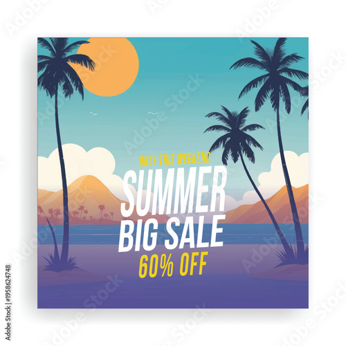Summer background for Summer sale and beach party social media post, ads design Summer big sale event with tropical beach landscape and sale offer discount for weekend advertising on social media