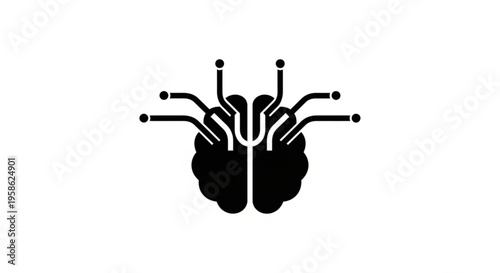 A minimalist vector graphic illustration of a brain with circuit lines and dots, representing artificial intelligence and neural connections.