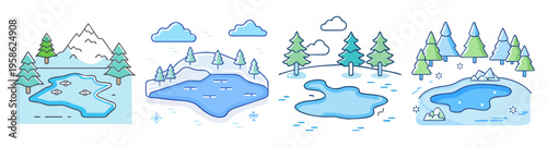 winter landscape icon pack with frozen lakes, snow mountains and trees flat design vector illustration