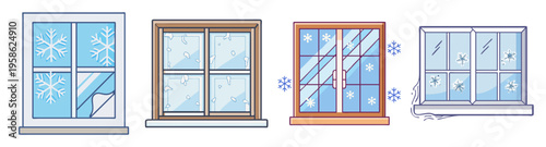 frosted window glass with snowflakes and ice crystals flat design vector illustration