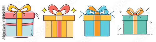 set of colorful wrapped gift boxes with ribbons flat design vector illustration