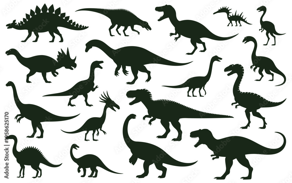 Obraz premium Cartoon dinosaur silhouettes vector set featuring Jurassic raptors and extinct reptiles, ancient dino monsters collection for kids design, prehistoric animals illustration and educational graphics