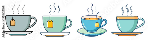 four steaming hot tea cups with rising vapor flat design vector illustration
