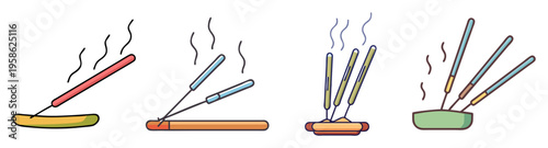 set of burning incense sticks with smoke flat design vector illustration