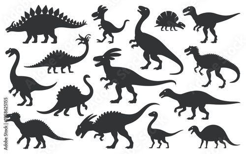 Jurassic dinosaur silhouettes collection with cartoon style raptors and extinct reptiles, ancient dino monsters vector set for kids design, prehistoric animal illustration and educational use