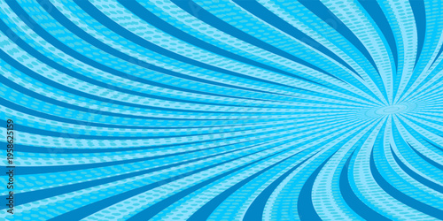 Comic background. Pop art texture. Starburst cartoon style. Anime design with explosion effect for print. Fun dot pattern. Blue backdrop with halftone gradient. Funny line frame.