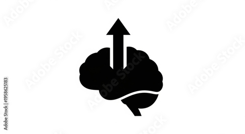 A black silhouette of a brain with an upward arrow, symbolizing growth and intelligence in a minimalist vector graphic design.
