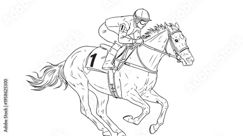 A black and white line drawing of a jockey riding a racehorse wearing the number one bib in a race