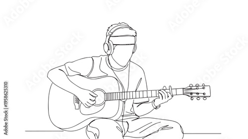 A minimalist black and white line drawing of a person sitting down while playing acoustic guitar