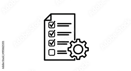 A minimalist vector graphic of a checklist with a gear icon, representing task management and configuration.