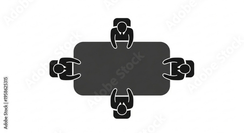 A minimalist vector graphic illustration of four people sitting around a rectangular table in a meeting or discussion
