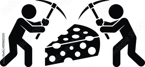 Two black stick figures are mining a large wedge of Swiss cheese with pickaxes on a white background