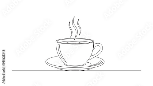 A simple hand drawn black and white line art illustration of a steaming cup of coffee on saucer