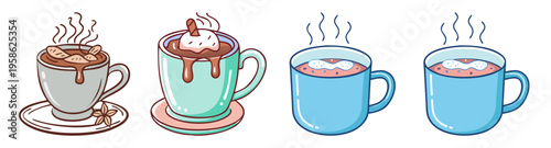 four colorful coffee cups with steam flat design vector illustration