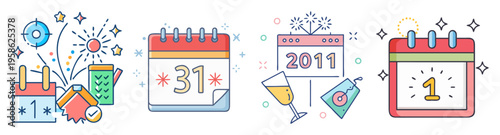 new year 2011 countdown celebration icons with calendar and gift boxes flat design vector illustration