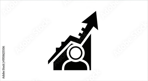 A minimalist vector graphic illustrating a person's growth and success with an upward trending arrow