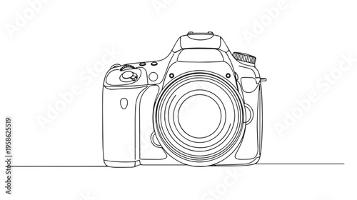 A minimalist black and white line drawing of a professional digital camera on a flat surface