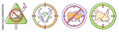 no poaching wildlife conservation awareness icons flat design vector illustration