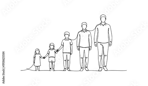 Minimal human growth stages from child to adult continuous line art vector illustration