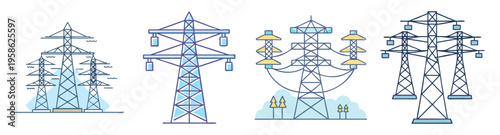 electric power transmission towers and lines flat design vector illustration