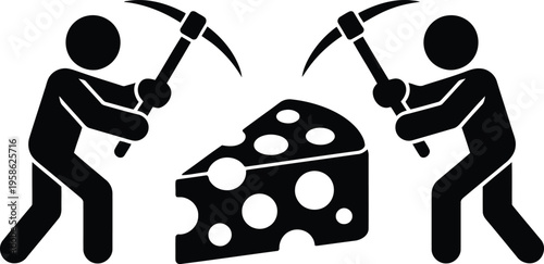 Two black stick figures diligently mine a large block of Swiss cheese with pickaxes