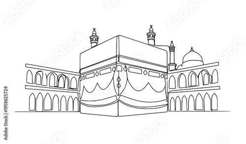 Continuous one line drawing Kaaba mosque Hajj Umrah vector illustration