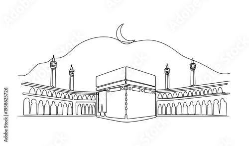 One continuous line drawing Kaaba mosque crescent Islamic vector illustration