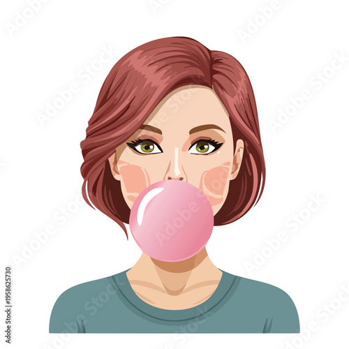 Woman blowing bubble gum cartoon illustration isolated white background