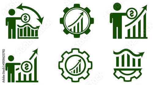 Set of vector icons illustrating business growth financial performance and industrial process efficiency