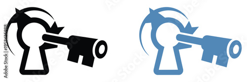 Keys turning in circular motion for process and cycle concepts, turn the key to the right icon in dark, ignition key engine power off sign, turn off the car engine attention symbol