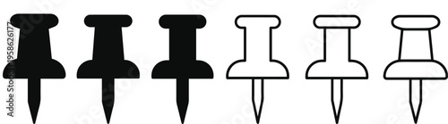 Push Pin Thumbtack Set Solid and Outline Icons Isolated on Transparent Background