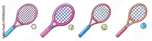 set of colorful tennis rackets with balls flat design vector illustration