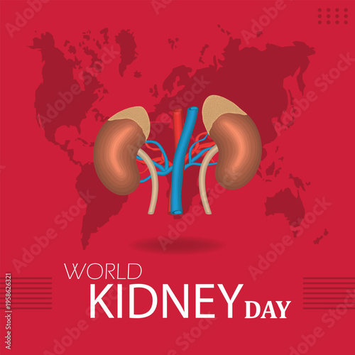 World Kidney Day Awareness Poster with Human Kidney Illustration and Red Global Background Design.