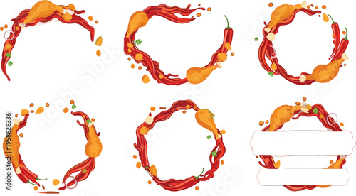 Spicy Sauce Splash Frame Set with Chili Pepper and Liquid Splash Circular Borders for Food Label and Packaging Vector Illustration