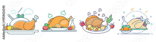 thanksgiving feast with roasted turkey and side dishes flat design vector illustration