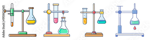 laboratory titration equipment set with flasks and burettes flat design vector illustration