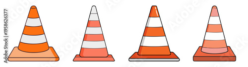 set of four traffic cones isolated on white background flat design vector illustration