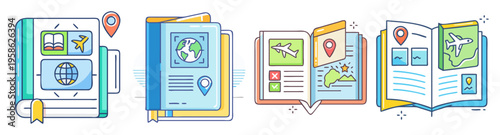 travel planning icon pack with maps, landmarks, and activities flat design vector illustration