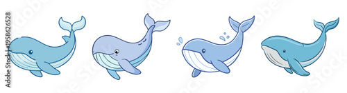 set of four playful blue whales jumping in ocean waves flat design vector illustration