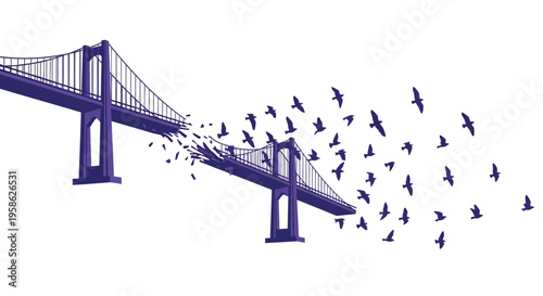 A purple suspension bridge with birds flying away from it