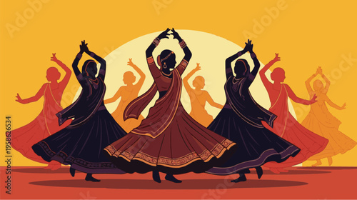 A vibrant digital illustration of several women performing a traditional indian folk dance style