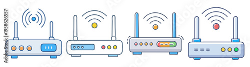 set of four modern wifi routers with signal strength icons flat design vector illustration