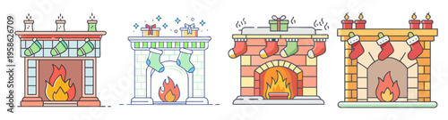 cozy fireplace with holiday stockings flat design vector illustration