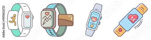 set of fitness tracker smartwatches and health monitor devices flat design vector illustration