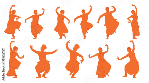 A collection of orange silhouettes showing people performing various traditional indian dances