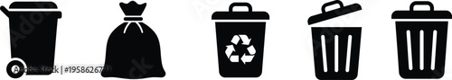 Black and white illustration of various trash cans and waste management icons