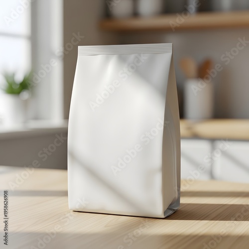 Blank white stand-up pouch mockup for food product branding. Ideal for coffee, tea, and snack packaging designs presented on a modern kitchen counter