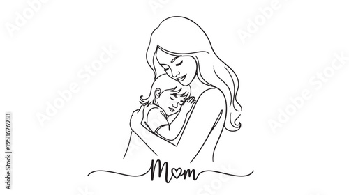 A beautiful and minimalist line art drawing of a mother tenderly holding her newborn baby at home