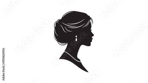 A minimalist silhouette profile of a woman with an elegant updo hairstyle and a pearl necklace